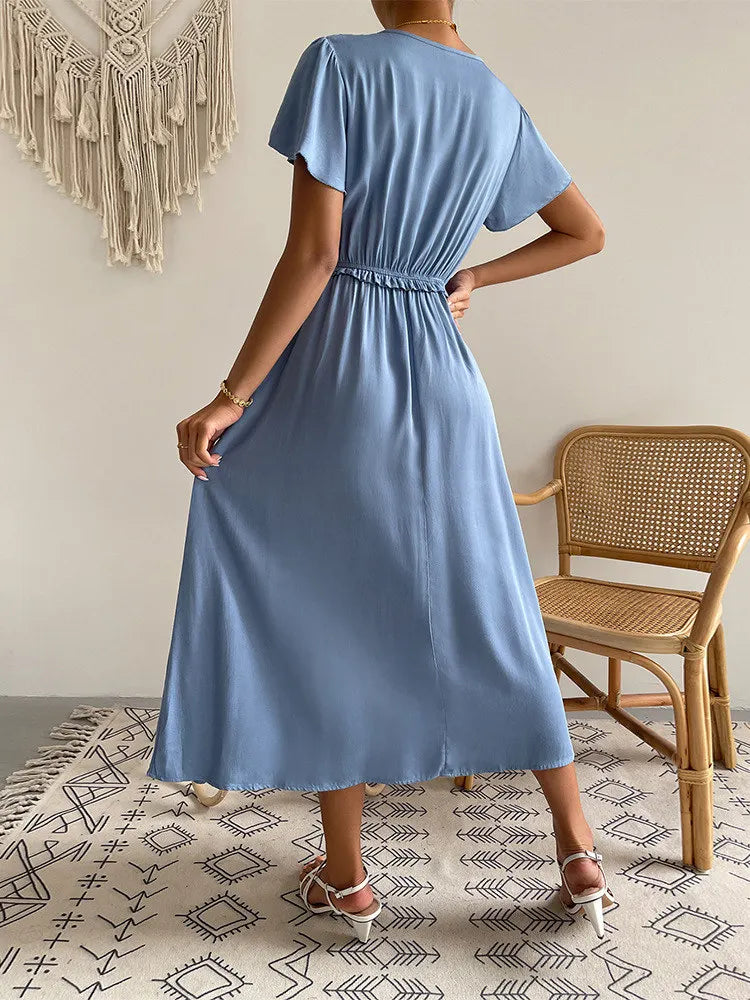 Lucy - Langes Kleid mit kurzen Ärmeln und hoher Taille